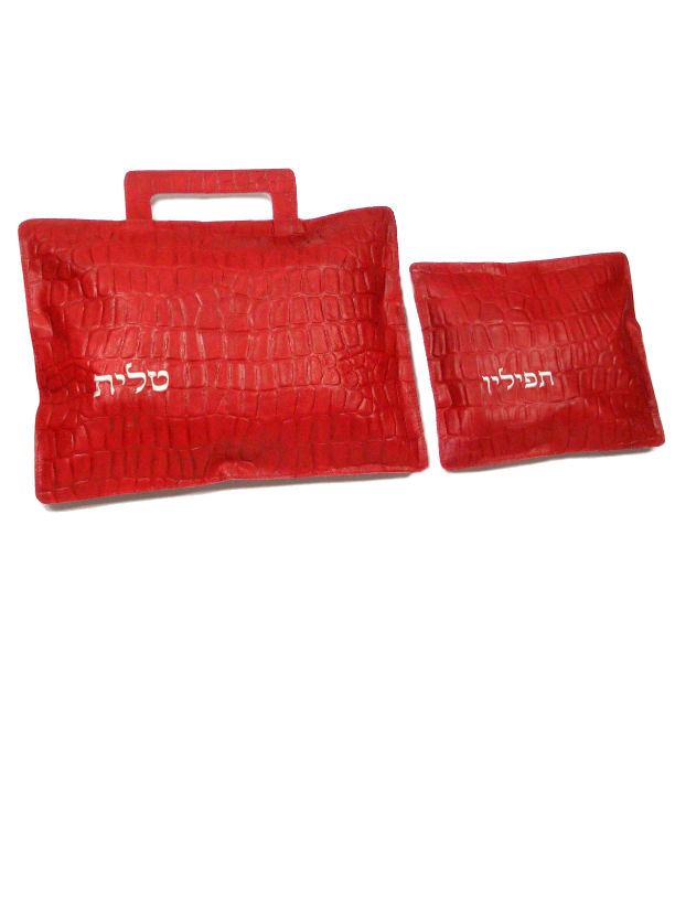 Red Leather Tefillin Tallit Bags in bricks texture