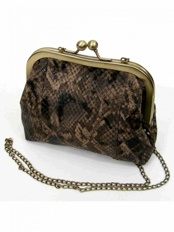 Brown leather purse in snake like skin texture view2