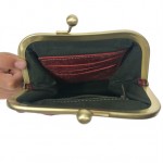 Maroon leather clutch purse open view