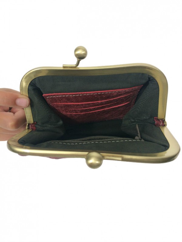 Maroon leather clutch purse open view