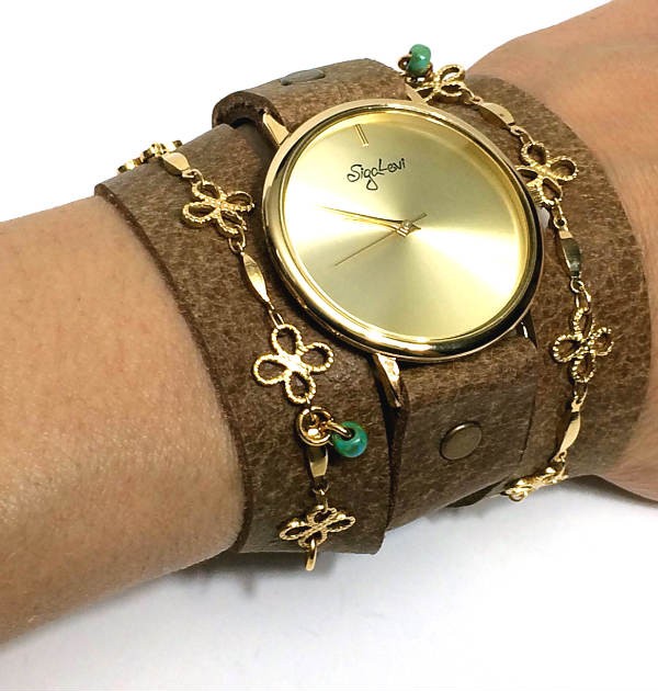 wrap watch with floral decoration and camel color leather