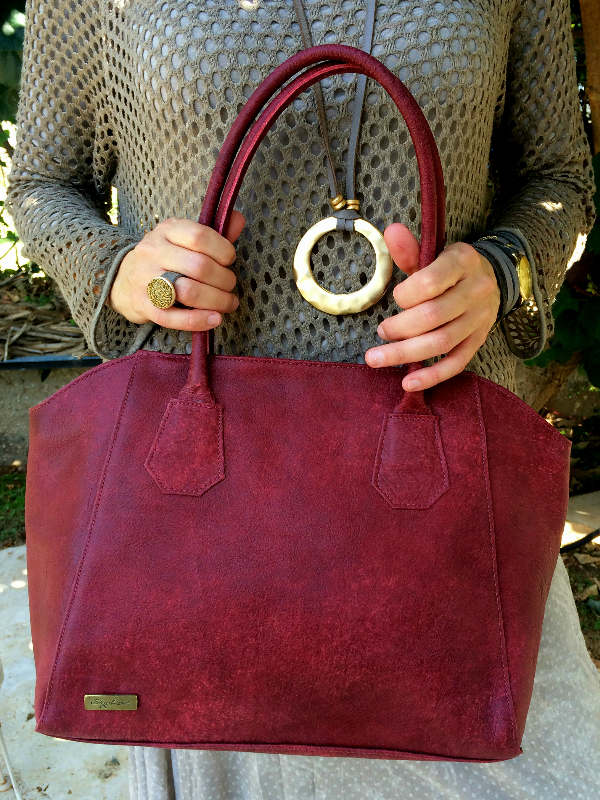 Maroon Leather Tote shown on model